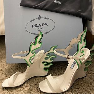 PRADA Flame Wedge Shoes Green Black White
